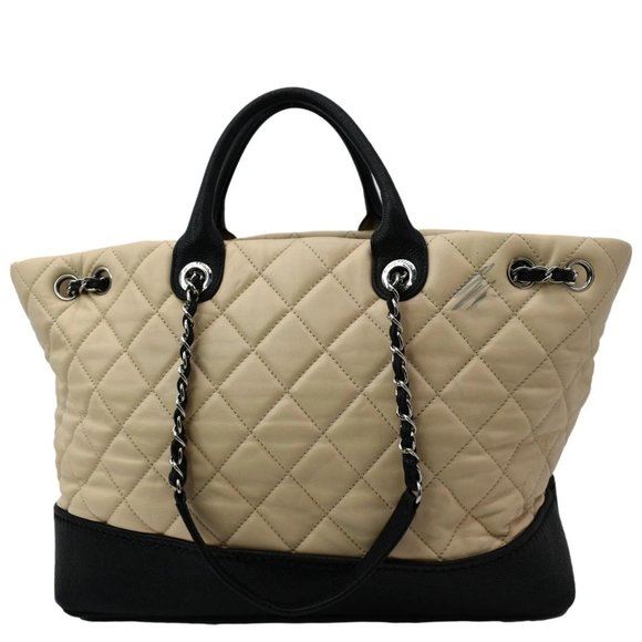 CHANEL  Drawstring Large Quilted Calfskin & Caviar Shopping Tote Bag Beige - Picture 1 of 12